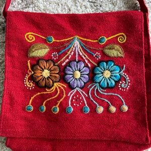 Vintage Handcrafted Crossbody Bag Red w/ blue, purple, brown flowers